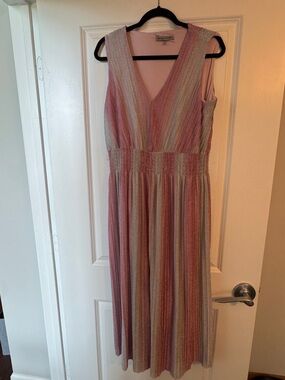 Danny & Nicole Pink Multi-Stripe Sleeveless V-Neck Midi Dress